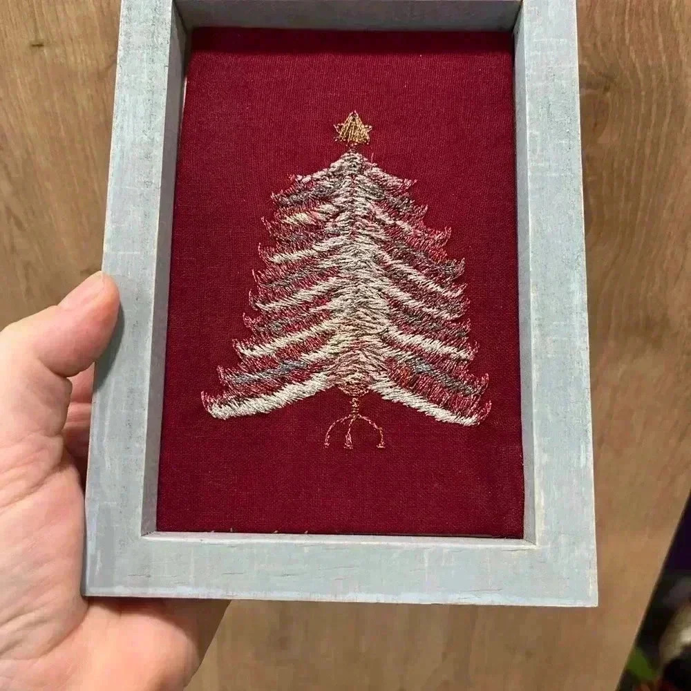 Elegant Red Holiday Tree Embroidered Wall Art